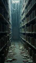 Old dusty library filled with cobwebs and eerie forgotten books