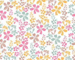 Tiny meadow buttercup flowers endless pattern vector design. Millefleurs rustic motif. Floral wallpaper print with flower truss elements. Buttercups bloom spring print.