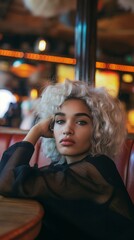 Obraz premium Young woman with curly hair relaxing in a cozy café, engaging with her surroundings on a vibrant day