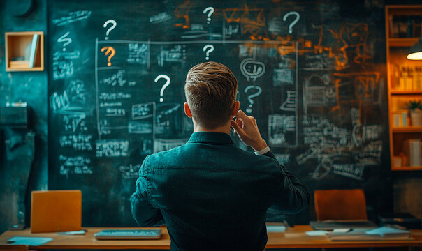 Businessman looking at chalkboard with questions marks 