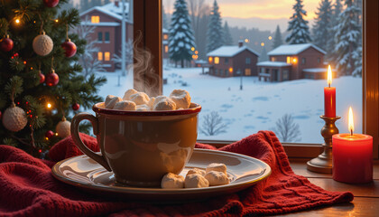 Fototapeta premium Hot chocolate with marshmallows by candlelight and snowy view