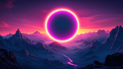 Abstract neon background with round geometric shape, surreal landscape, mountains and ring glowing in ultraviolet spectrum. Virtual reality scenery. Fantastic nature wallpaper
