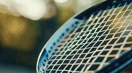 A tennis racket with taut strings, outdoor setting with dappled sunlight, Contemporary style