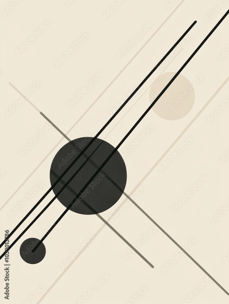 Leinwandbilder Black diagonal lines intersect a soft background, creating a striking contrast with circles of different sizes enhancing the modern aesthetic. Generative AI