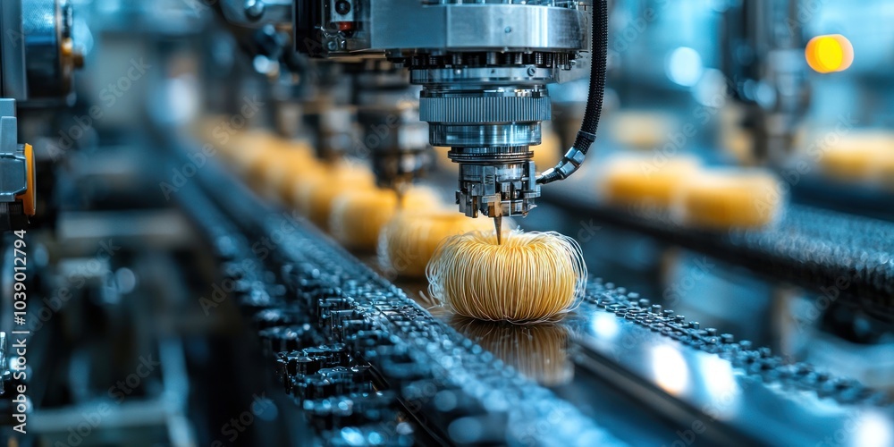 Poster automated manufacturing process with industrial robot arm and yellow product