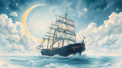 Fototapeta premium a ship sailing on the ocean under a full moon. (watercolor)