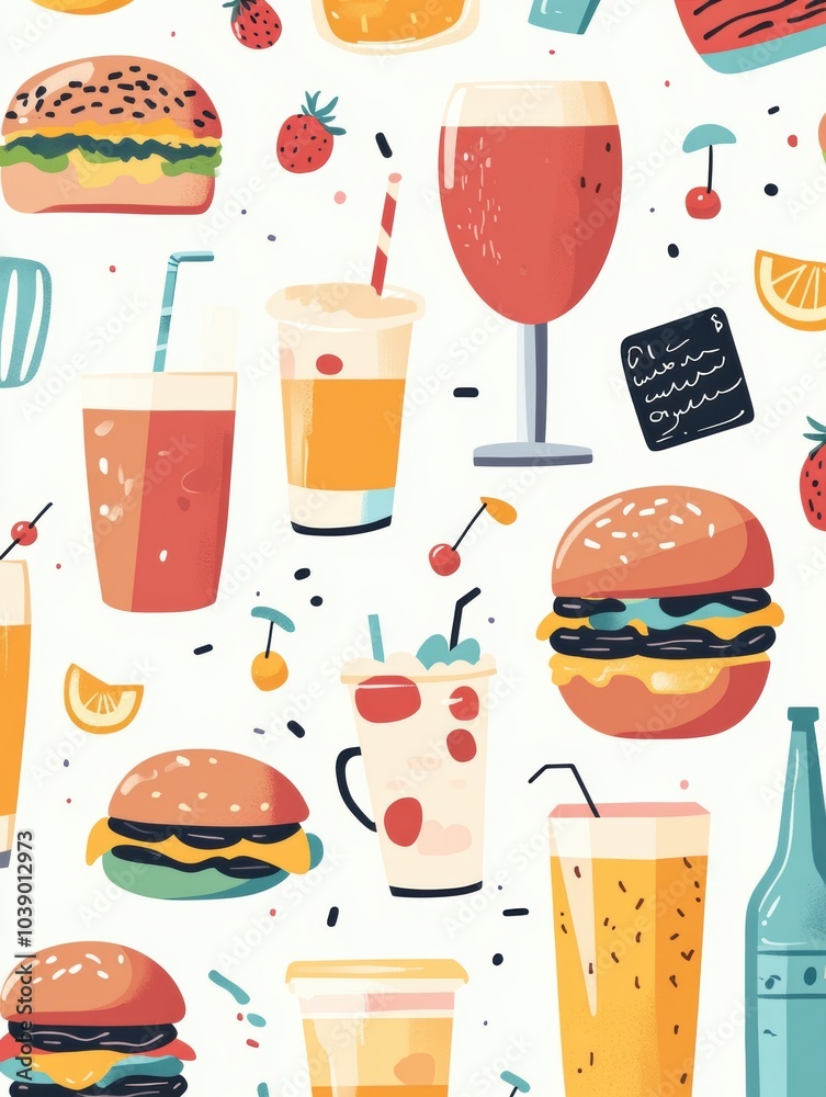 Aufkleber a colorful array of burgers and drinks is arranged on a simple background, creating an inviting atmo