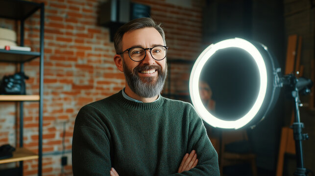 Bearded man recording content in a loft studio &ndash; high contrast and hard lighting with ring light in an industrial-style setting.