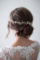 Elegant Bridal Hairstyle with Pearl Hairpiece on White Lace Dress