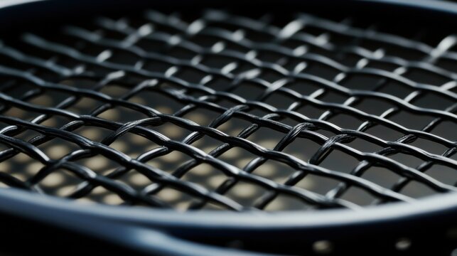 A tennis racket's string texture, outdoor setting with morning sunlight, Classic style