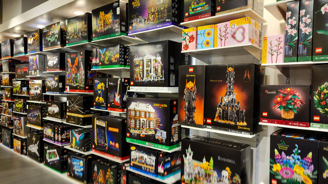 Toys at display at lego store.