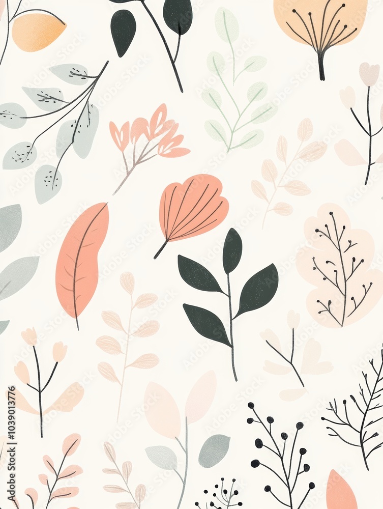 Poster delicate doodles of various leaves and flowers blend harmoniously, forming a serene nature-inspired 