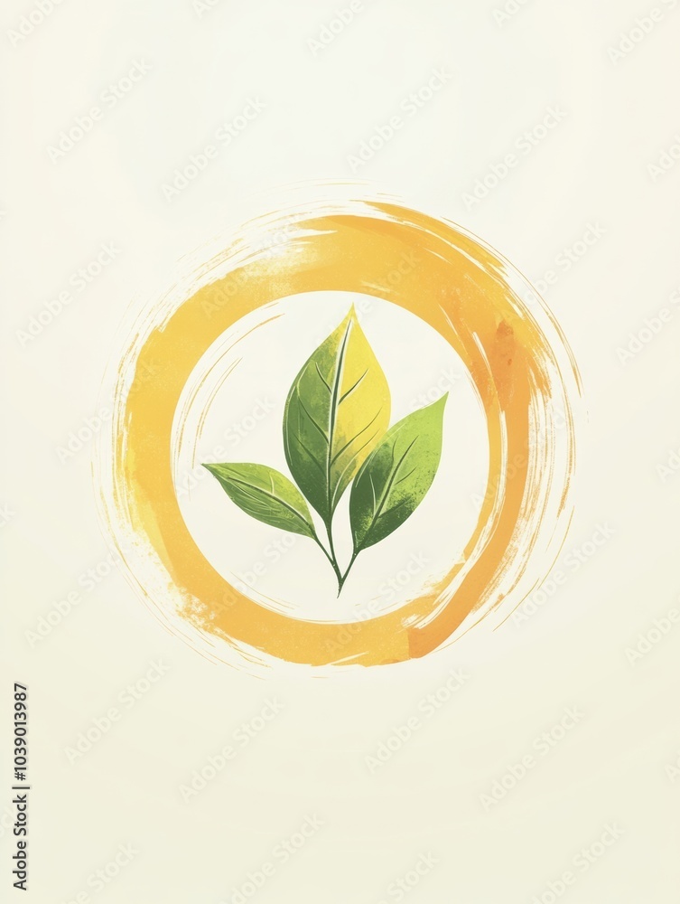 Wall mural A vibrant minimalist design showcases fresh tea leaves at the center, surrounded by a soft yellow circle, evoking tranquility and simplicity. Generative AI