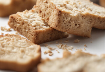 Broken bread rusks with crumbs isolated on white or transparent