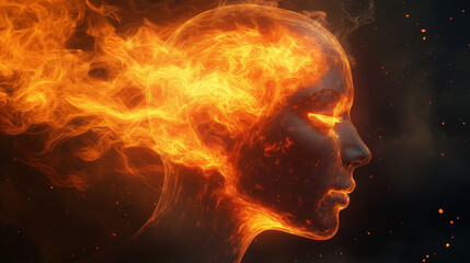 A human head composed of swirling flames and embers, radiating heat and energy. The fiery colors create a dynamic and intense visual against a dark backdrop.