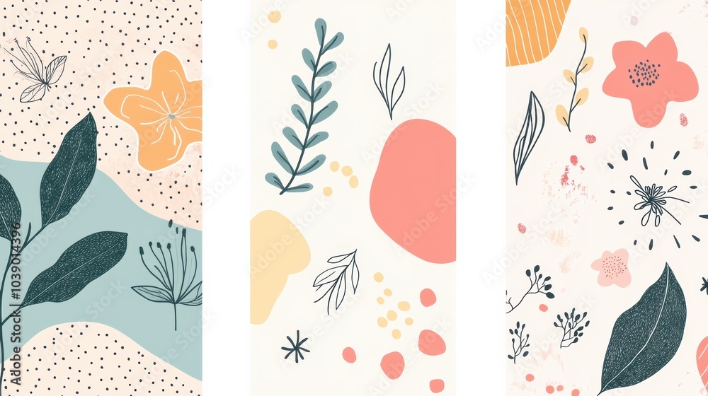 Aufkleber a collection of minimalist doodles showcasing leaves, flowers, and abstract nature elements designed
