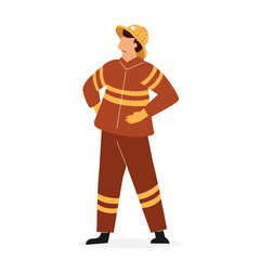 Firefighter character in uniform, firemen with firefighting equipment. Firefighter saving child, putting out fire