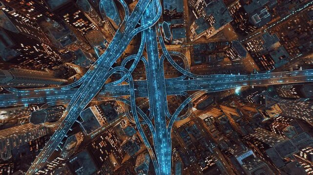 Aerial Wide View of Highway Junction with Self Driving Cars Signals Autonomously Driving on Autopilot AI Computer Vision Machine Learning Concept