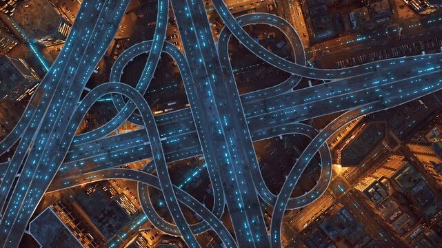 Digital Signals Passing on Information Highway Junction Aerial over Busy Downtown Residential Area Transprtation Driverless Vehicles Future of Travel