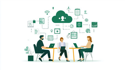 Contemporary illustration of professionals collaborating remotely through cloud-based solutions, emphasizing digital communication, virtual teamwork, and efficient business operations.