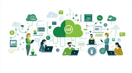 Contemporary illustration of professionals collaborating remotely through cloud-based solutions, emphasizing digital communication, virtual teamwork, and efficient business operations.
