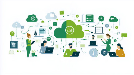Contemporary illustration of professionals collaborating remotely through cloud-based solutions, emphasizing digital communication, virtual teamwork, and efficient business operations.