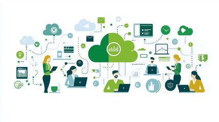Contemporary illustration of professionals collaborating remotely through cloud-based solutions, emphasizing digital communication, virtual teamwork, and efficient business operations.