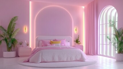 A stylish pink bedroom featuring a round headboard, soft bedding, modern lighting, and lush plants, creating a cozy and inviting atmosphere.