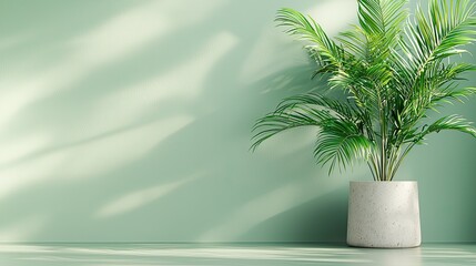 A stylish potted plant adds a touch of greenery to a minimalist space with a soft green wall backdrop, creating a calming atmosphere.