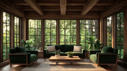 Fototapeta premium A cozy, modern living room with green sofas, wooden beams, and large windows overlooking a lush forest scene.