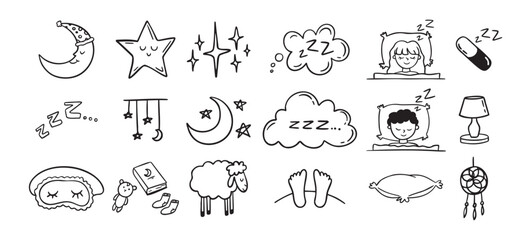 Hand drawn doodle Set of Sleep Related. Sleeping drawing icons