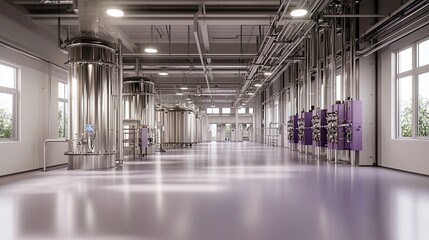 Obraz premium A modern industrial facility with stainless steel equipment, spacious layout, and natural light from large windows.