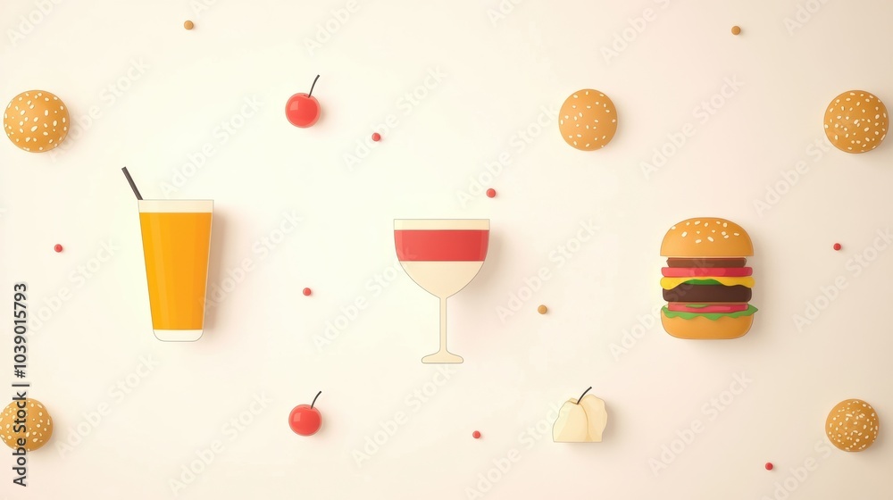Poster colorful drinks and enticing burgers are presented on a minimalist background, creating an inviting 