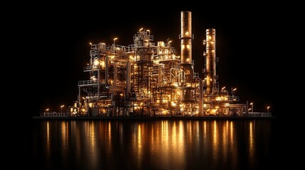A glowing oil refinery at night, illuminated by bright lights reflecting in the water, showcasing industrial architecture and energy production.