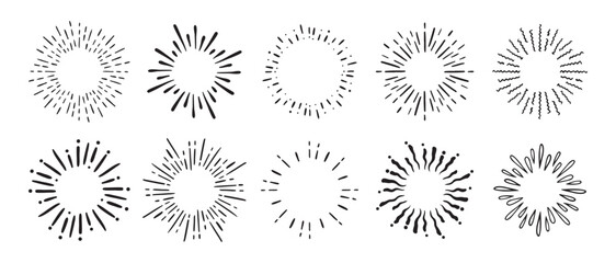 Vintage doodle Fireworks Sunburst Explosion set. Hand drawn Design Elements Black Rays