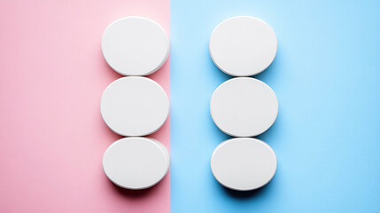 White round objects on pink and blue background. AI-generated.
