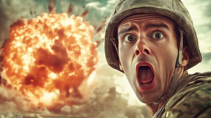 an exploding nuclear bomb, modern american soldier in the foreground with a perplexed expression on his face