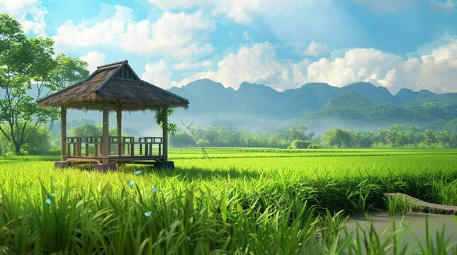 Tranquil canopy shading a rice field, offering a peaceful respite under the clear sky  
Seamless looping 4k time-lapse virtual video animation Generated AI