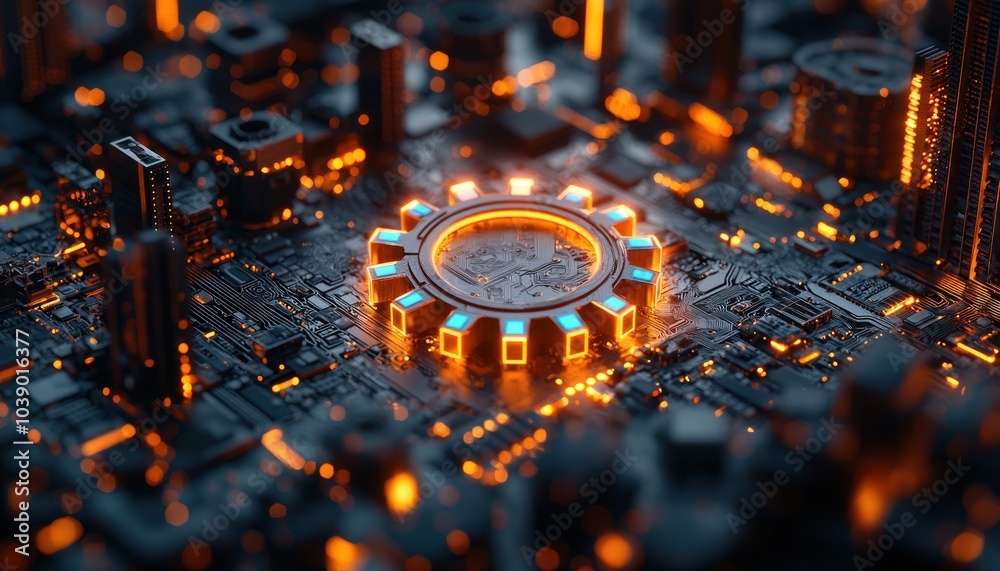 Poster futuristic glowing gear embedded in a circuit board