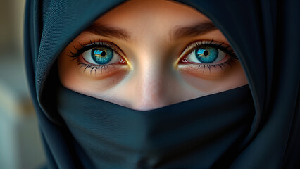 Naklejka premium The eyes of a Muslim teenage girl, her face covered in a niqab, looks warmly at you. Traditional closed clothes for Oriental women. close-up