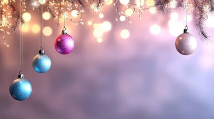 Obraz premium A festive background featuring colorful Christmas ornaments hanging from branches, set against a soft, glimmering backdrop.
