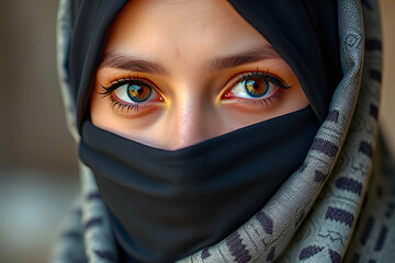 Naklejka premium The eyes of a Muslim teenage girl, her face covered in a niqab, looks warmly at you. Traditional closed clothes for Oriental women. close-up