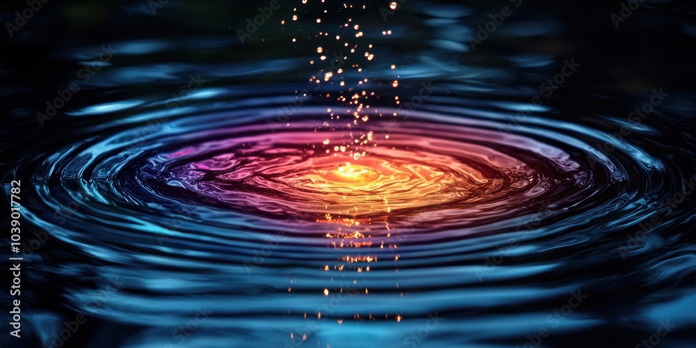 Aufkleber water droplet creating colorful ripples and sparkles on a dark surface