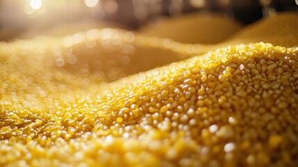 A close-up view of vibrant yellow grains, showcasing the richness and texture of agricultural produce in a storage facility.
