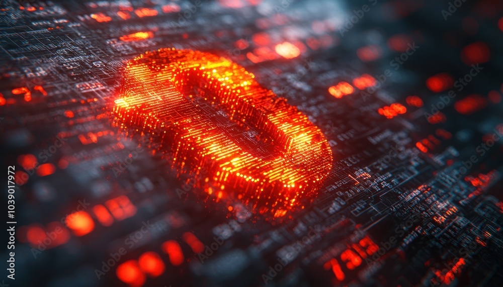 Poster glowing red digital circuitry with a central symbol