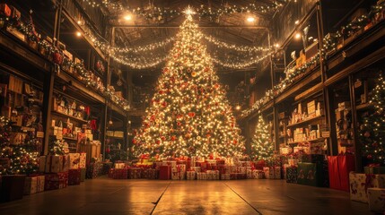 A huge Christmas tree with bright lights and presents.
