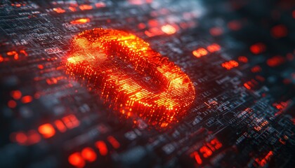 Glowing Red Digital Circuitry with a Central Symbol