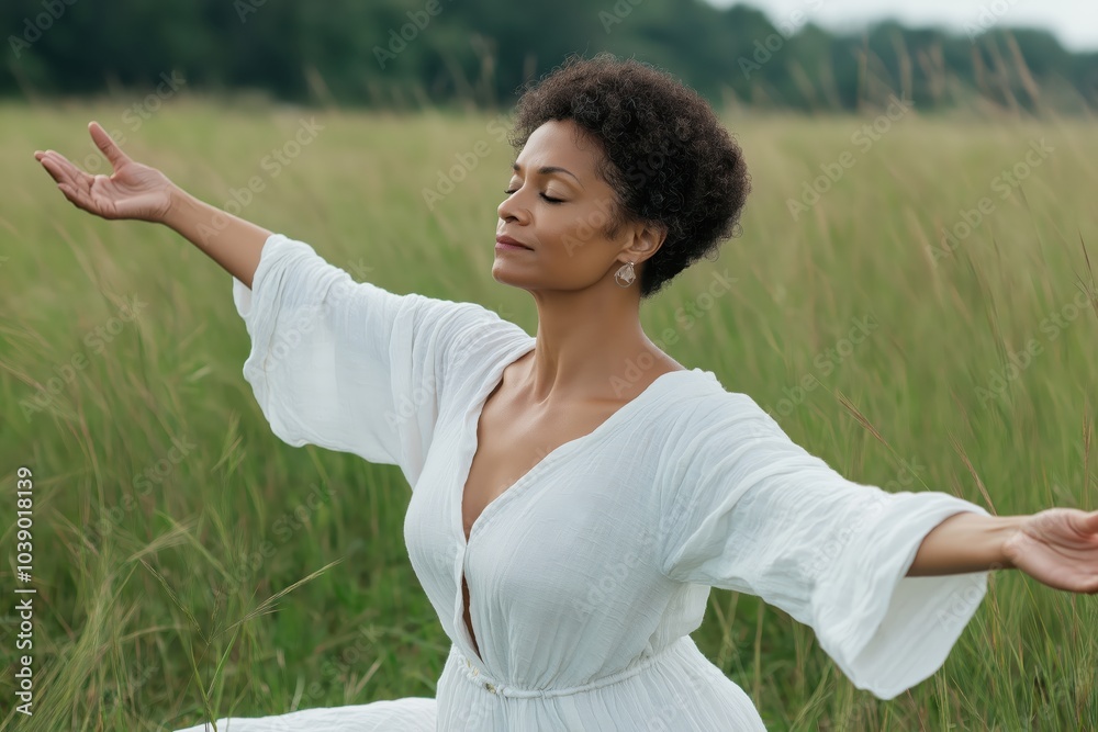 Canvas Prints A black woman in a field with her arms outstretched