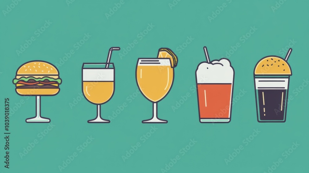 Poster burgers and diverse drinks are displayed on a minimalist background, creating a relaxed atmosphere p