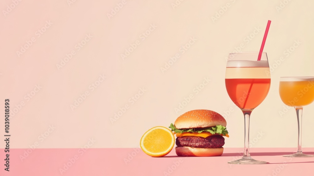 Poster Bright drinks and a delicious burger create a perfect setup for a relaxed dining experience on a warm day. Generative AI